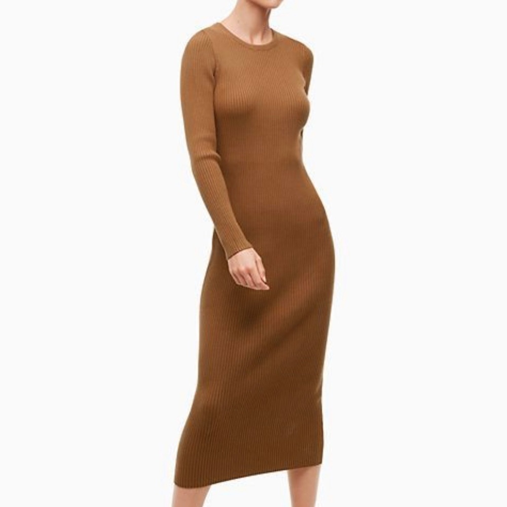 ARITZIA BABATON Streep Dress Camel Brown Ribbed Knit Maxi XS